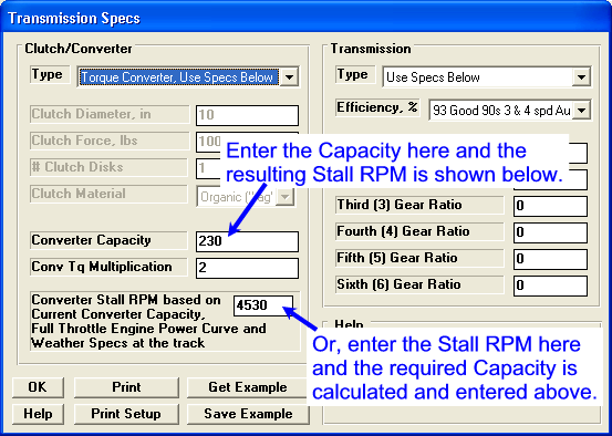 Drag Race Converter Capacity or Stall RPM input screen